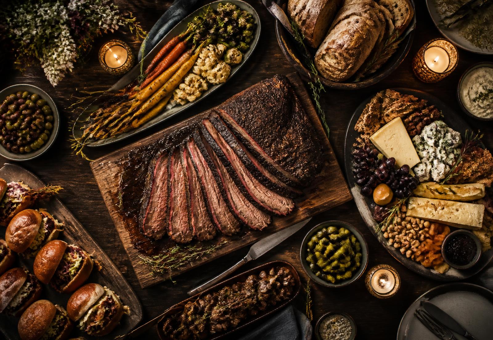 Catering spread of smoked brisket, roasted vegetables, breads and cheeses on a walnut table